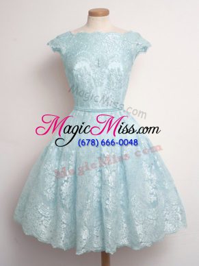 Exquisite Light Blue A-line Lace Scalloped Cap Sleeves Lace Knee Length Lace Up Quinceanera Court Dresses