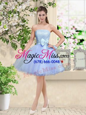 Customized Lavender Sleeveless Lace and Belt Knee Length Bridesmaids Dress