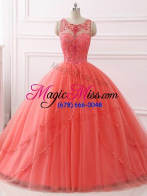 Best Coral Red Sleeveless Brush Train Beading and Lace Quinceanera Dresses