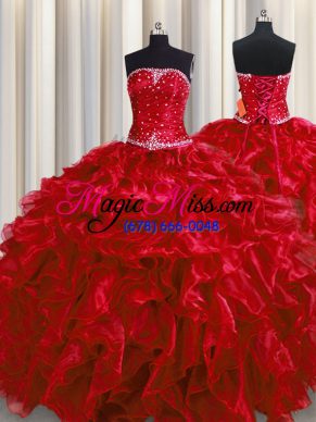 Sophisticated Strapless Sleeveless Organza Quinceanera Gowns Beading and Ruffles Lace Up