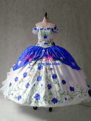 Exquisite Blue And White Lace Up 15 Quinceanera Dress Embroidery and Ruffles Cap Sleeves Floor Length