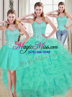 Sexy Turquoise Sweetheart Neckline Beading and Ruffled Layers Quinceanera Gowns Sleeveless Lace Up