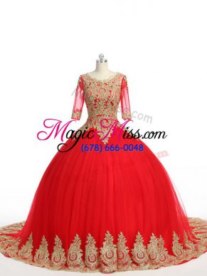 Red Half Sleeves Brush Train Lace and Appliques Quince Ball Gowns