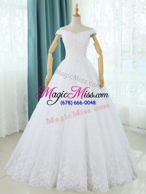 Graceful White Tulle Lace Up Off The Shoulder Sleeveless Floor Length Bridal Gown Lace and Appliques