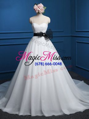 Dramatic White A-line Tulle Sweetheart Sleeveless Ruching and Bowknot Lace Up Wedding Dresses Court Train