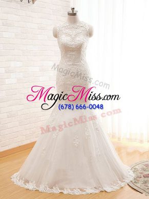 Elegant Tulle High-neck Sleeveless Zipper Lace and Appliques Wedding Dresses in White