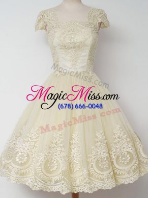 Decent Square Cap Sleeves Court Dresses for Sweet 16 Knee Length Lace Light Yellow Tulle