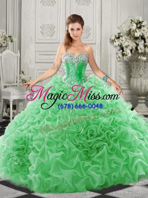 Artistic Green Sweet 16 Dresses Organza Court Train Sleeveless Beading and Ruffles