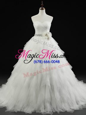White Ball Gowns Beading and Ruffles and Hand Made Flower Wedding Gown Lace Up Tulle Sleeveless