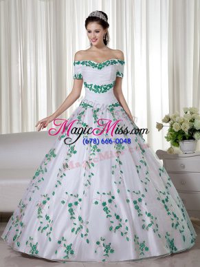 Inexpensive Short Sleeves Floor Length Embroidery Lace Up 15 Quinceanera Dress with White