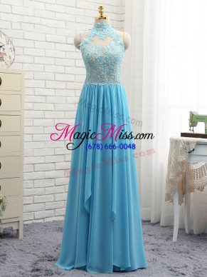 Fashionable Appliques Prom Evening Gown Baby Blue Backless Sleeveless Floor Length