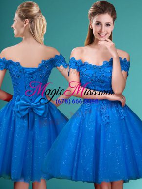 Blue Tulle Lace Up Court Dresses for Sweet 16 Sleeveless Knee Length Lace and Belt