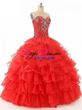 Glittering Red Sleeveless Beading and Ruffled Layers Floor Length Sweet 16 Dress