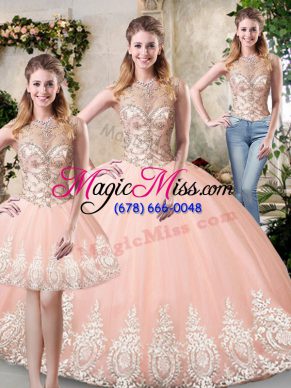 Low Price Floor Length Peach Quince Ball Gowns Tulle Sleeveless Beading and Lace and Appliques