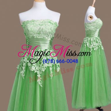 Artistic Green Sleeveless Tea Length Appliques Lace Up Bridesmaid Gown