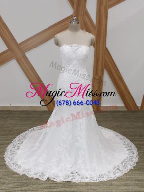 Glittering White Tulle Lace Up Bridal Gown Sleeveless Brush Train Lace