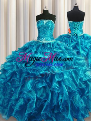 Floor Length Teal Vestidos de Quinceanera Organza Sleeveless Beading and Ruffles