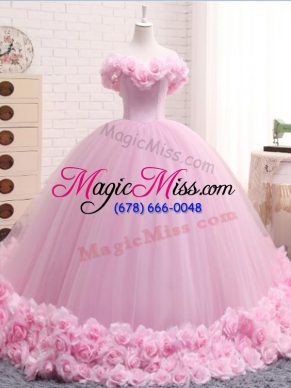 Sophisticated Sleeveless Tulle Brush Train Lace Up 15th Birthday Dress in Baby Pink with Hand Made Flower