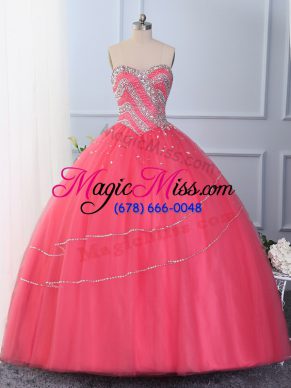 Most Popular Hot Pink Sleeveless Floor Length Beading Lace Up 15th Birthday Dress