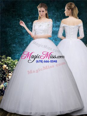 Comfortable White Half Sleeves Beading and Embroidery Floor Length Bridal Gown