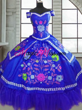 Floor Length Blue Sweet 16 Dress Taffeta Short Sleeves Beading and Embroidery