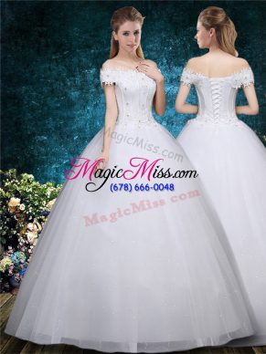 Cap Sleeves Organza Floor Length Lace Up Wedding Gowns in White with Beading and Appliques