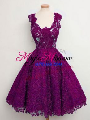 Comfortable Purple A-line Lace Straps Sleeveless Lace Knee Length Lace Up Wedding Party Dress