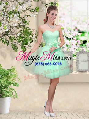 Decent Knee Length Lace Up Dama Dress Apple Green for Prom and Party with Lace and Belt