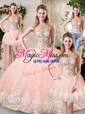 Simple Peach Tulle Backless High-neck Sleeveless Floor Length Quinceanera Gowns Beading and Lace and Appliques