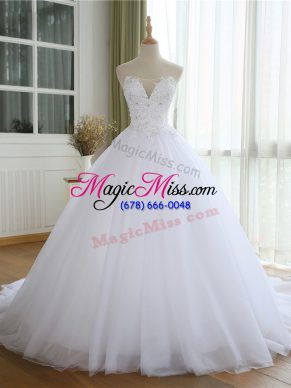 Fashionable White Tulle Lace Up Wedding Gowns Sleeveless Court Train Lace and Appliques