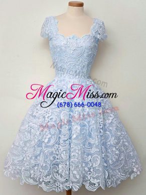 Fashionable Knee Length Light Blue Quinceanera Court of Honor Dress Lace Cap Sleeves Lace