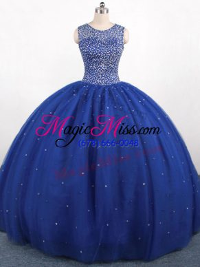 Lovely Floor Length Royal Blue Quinceanera Gowns Tulle Sleeveless Beading