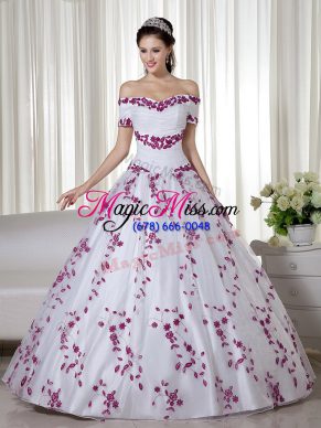 Modest Short Sleeves Floor Length Embroidery Lace Up Ball Gown Prom Dress with White