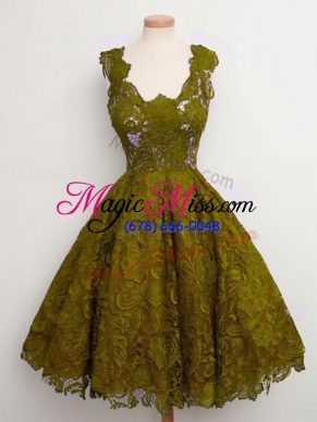 Sleeveless Lace Knee Length Lace Up Court Dresses for Sweet 16 in Olive Green with Lace