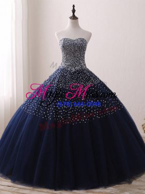 Trendy Ball Gowns Quinceanera Dress Navy Blue Sweetheart Tulle Sleeveless Floor Length Lace Up