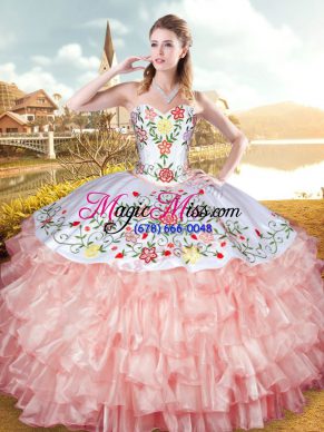 Floor Length Peach Ball Gown Prom Dress Organza and Taffeta Sleeveless Embroidery and Ruffled Layers