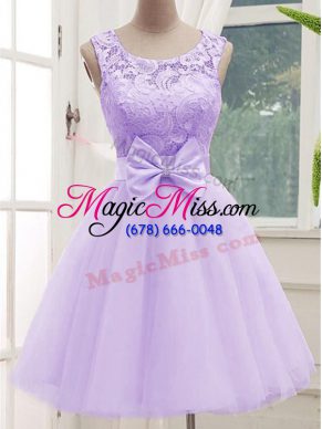 Fantastic Lavender Scoop Neckline Lace and Bowknot Dama Dress for Quinceanera Sleeveless Lace Up