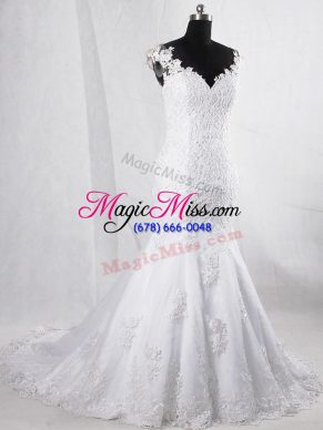 Fashionable White V-neck Clasp Handle Lace Wedding Gowns Brush Train Sleeveless