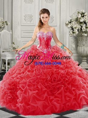 Sweet Beading and Ruffles Sweet 16 Quinceanera Dress Red Lace Up Sleeveless Court Train