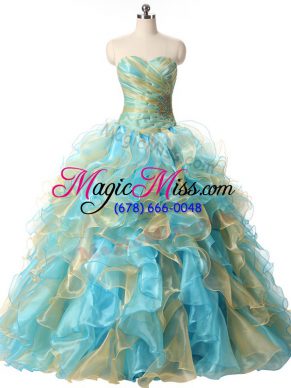 Sleeveless Organza Floor Length Lace Up Sweet 16 Dresses in Multi-color with Beading and Ruffles