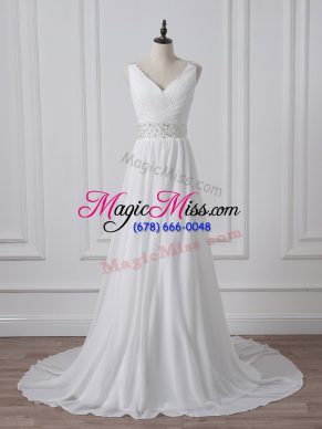 Hot Sale White Wedding Gowns V-neck Sleeveless Brush Train Backless