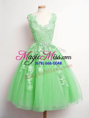 Sleeveless Tulle Knee Length Lace Up Wedding Guest Dresses in Green with Lace