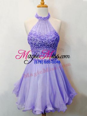 Sleeveless Knee Length Beading Lace Up Bridesmaid Dresses with Lavender