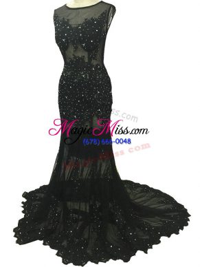 Eye-catching Black Mother Of The Bride Dress Tulle Brush Train Sleeveless Beading and Lace and Appliques
