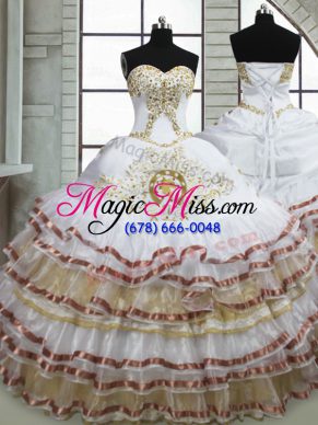 Suitable White Sweetheart Lace Up Beading and Embroidery and Ruffled Layers 15th Birthday Dress Sleeveless