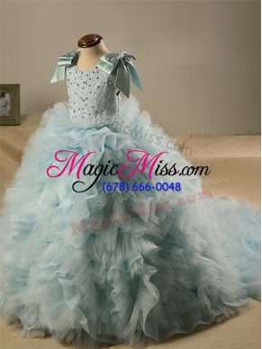 Admirable Light Blue Tulle Zipper Little Girls Pageant Gowns Sleeveless Brush Train Beading and Ruffles and Bowknot