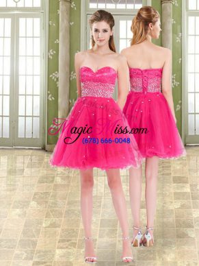 Fitting Hot Pink Sleeveless Mini Length Beading and Ruffles Lace Up Homecoming Dress Online