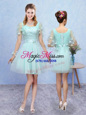 Elegant Sleeveless Tulle Mini Length Lace Up Vestidos de Damas in Aqua Blue with Appliques