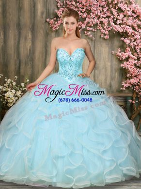 On Sale Aqua Blue Tulle Lace Up Sweet 16 Quinceanera Dress Sleeveless Floor Length Beading and Ruffles