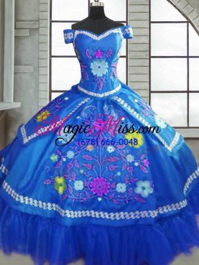 Taffeta Sweetheart Short Sleeves Lace Up Beading and Embroidery Quinceanera Gowns in Blue